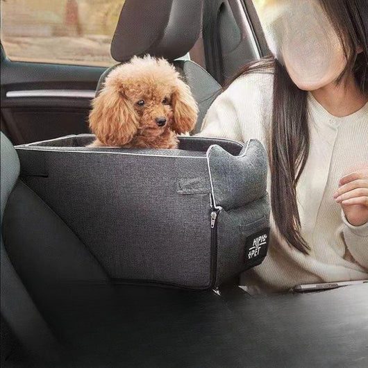 Gray portable car kennel for small dogs with black handles, featuring a side pocket and visible dimensions. - Image 8