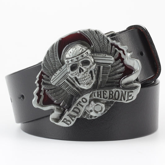 Cinturón de Cuero Bovino con Diseño Calavera de Dos Capas