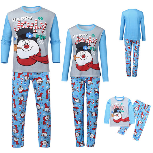 Christmas parent-child long sleeve pajamas with a snowman graphic on grey and blue tops, and patterned pants. - Image 21