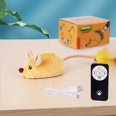 Yellow remote control electric plush mouse cat toy with a black remote and white USB charging cable. - Image 5