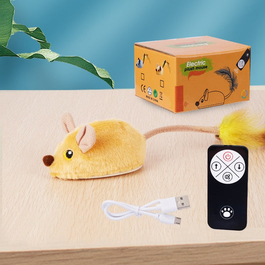 Yellow remote control electric plush mouse cat toy with a black remote and white USB charging cable. - Image 5