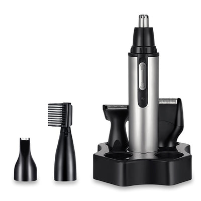 Five-in-one multifunctional USB charging hair trimmer kit with silver body, multiple black heads, and storage base. - Image 2