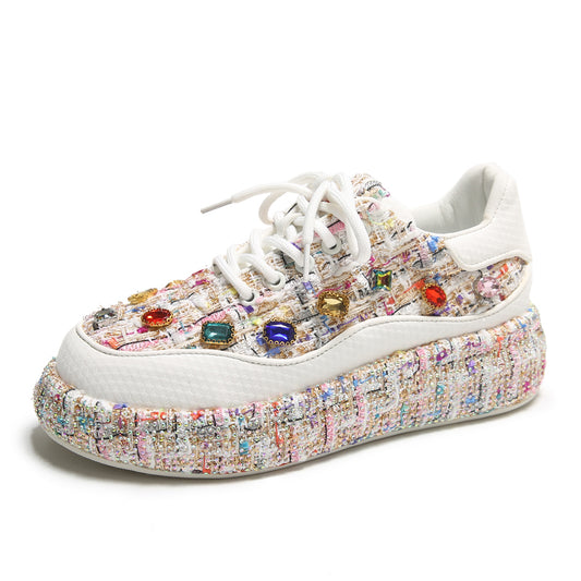 Mocasines Plataforma para Mujer con Tweed Colorido y Piedras - Zapatos Cómodos y Casuales