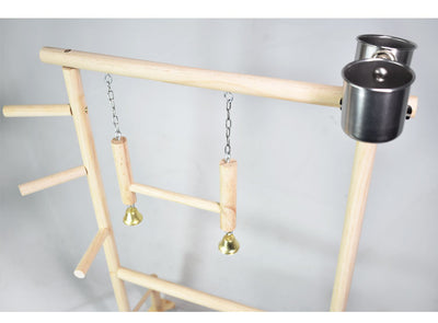 Wooden bird play stand with multiple perches, two hanging ladders, and a removable stainless steel tray. - Image 4