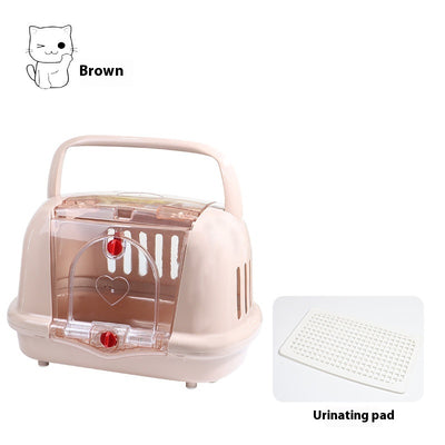 Brown pet carrier with a clear front door, top handle, ventilation slots, and a white urinating pad. - Image 10