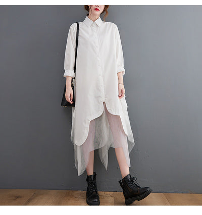 Vestido Camisero Holgado de Doble Capa con Malla Irregular - Image 27