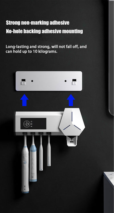 White wall-mounted toothbrush sterilizer with UVC ultraviolet light, holding four electric toothbrushes. Features a digital display and blue sterilization light - Image 15