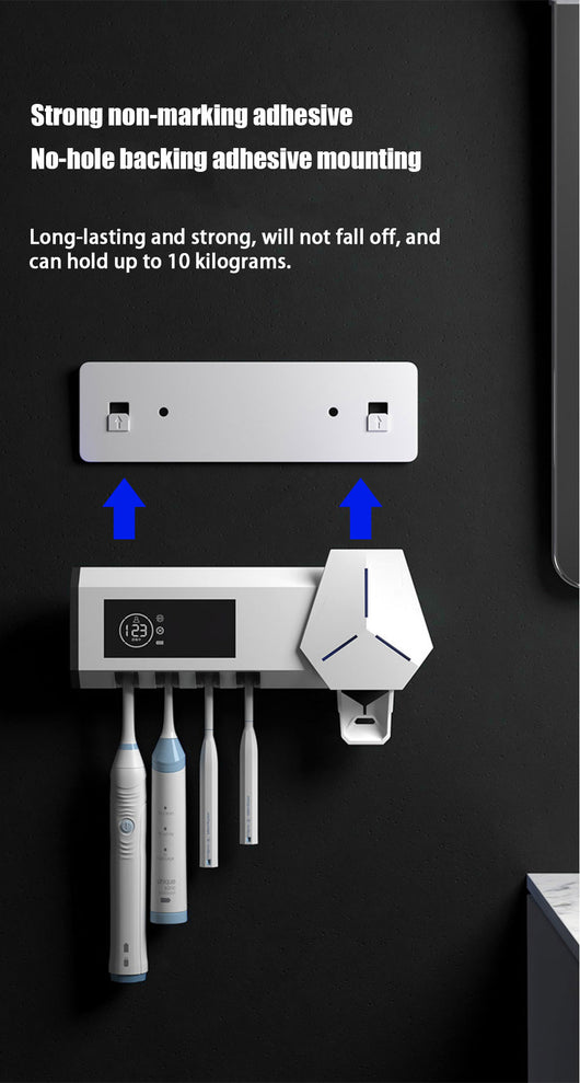 White wall-mounted toothbrush sterilizer with UVC ultraviolet light, holding four electric toothbrushes. Features a digital display and blue sterilization light - Image 15