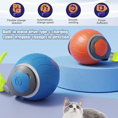 Blue interactive cat toy ball with a lime green tail and a power button, designed for indoor cats. - Image 17