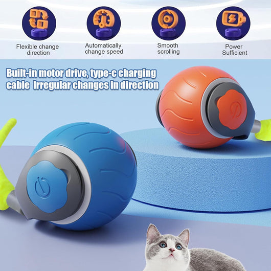Blue interactive cat toy ball with a lime green tail and a power button, designed for indoor cats. - Image 17