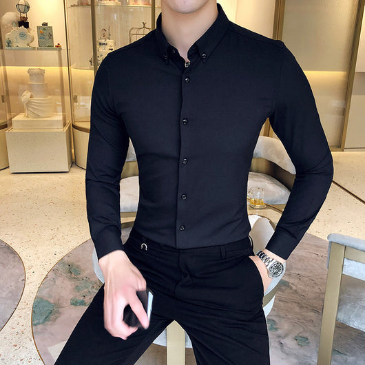 Camisa Manga Larga Estilo Gentleman Británico de Color Sólido - Image 9