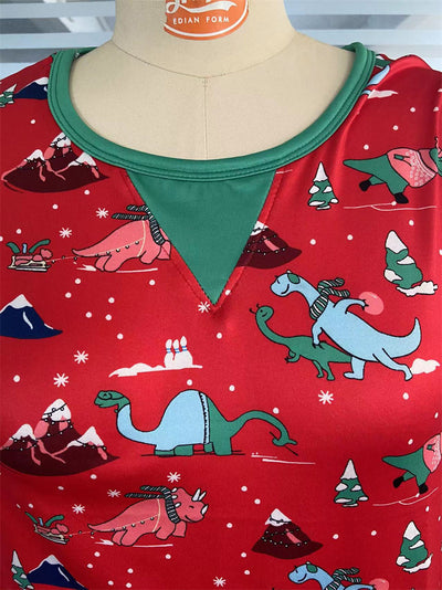 Red long-sleeved men's pajama set with a festive dinosaur and Christmas tree print, featuring green cuffs. - Image 25