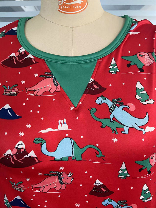 Red long-sleeved men's pajama set with a festive dinosaur and Christmas tree print, featuring green cuffs. - Image 25