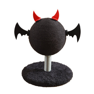 Black cat scratching toy with a sisal-wrapped ball, red devil horns, and black bat wings on a spring base. - Image 5