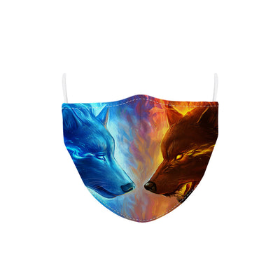 Adult and children's ear-hanging face mask with a vibrant cosmic lion head design in blue, purple, and pink.