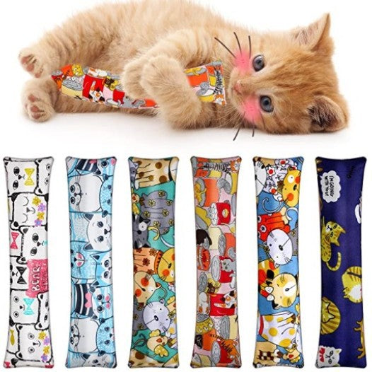 Dark blue catnip pillow toy with white cat, fish, and paw print patterns, measuring 25cm long. - Image 3