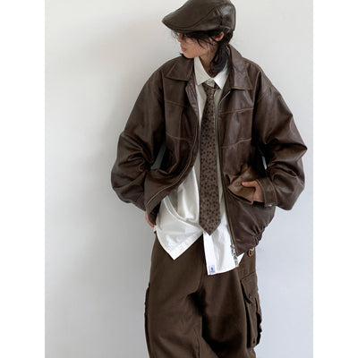 Chaqueta de Cuero Motociclista Retro Japonés Oversized Street - Image 10