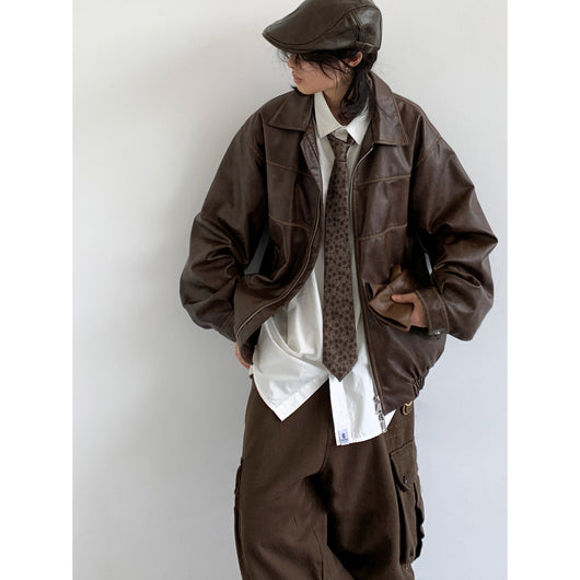 Chaqueta de Cuero Motociclista Retro Japonés Oversized Street - Image 10