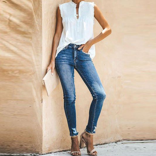 Blusa Suelta de Cuello Alto con Volantes y Botones - Estilo Casual Verano - Image 2