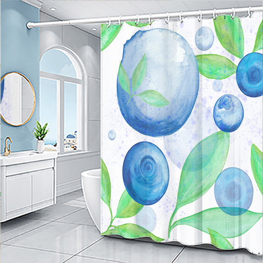 Light blue shower curtain with a repeating pattern of yellow pineapples and light green tops. - Image 12