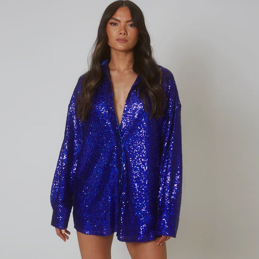 Vestido Camisero con Lentejuelas en Solapa y Manga Larga