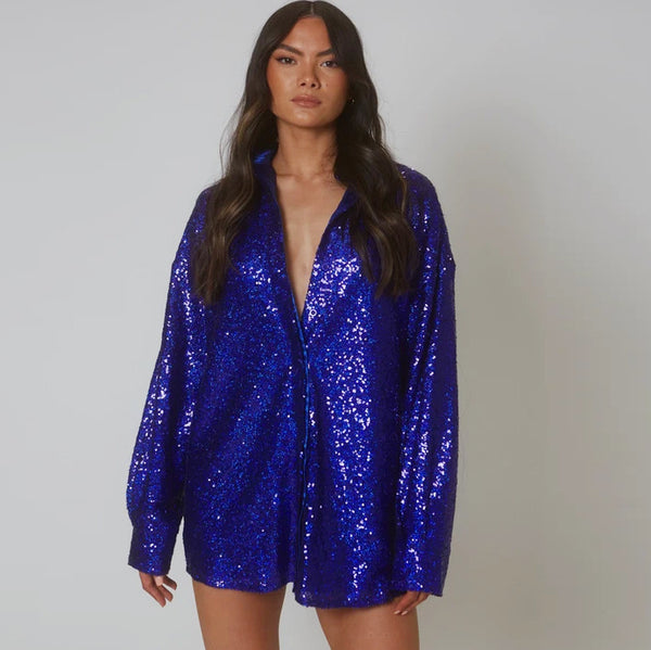 Vestido Camisero con Lentejuelas en Solapa y Manga Larga