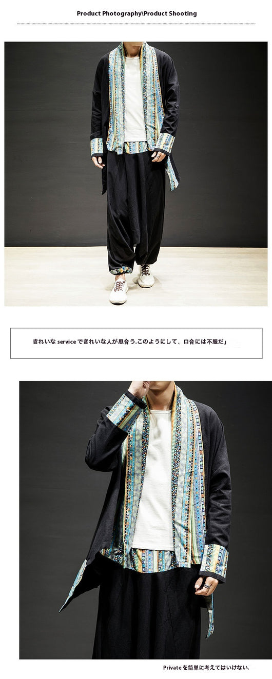 Abrigo Kimono Cardigan de Algodón y Lino - Estilo Japonés Moderno para Hombre - Image 9