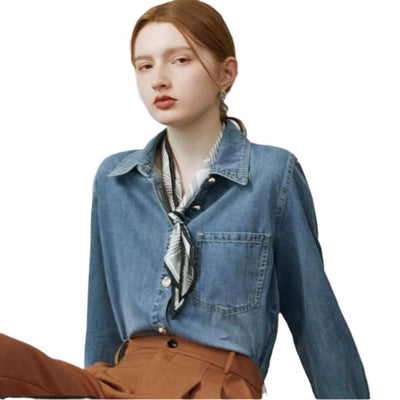 Chaqueta Camisa Denim Azul Suave con Efecto Bandage para Mujer - Image 4