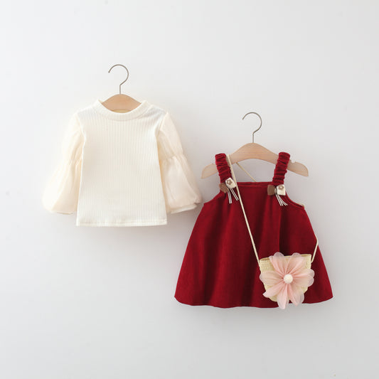 Falda Suspender de Pana con Moño para Niña - Conjunto de Manga Larga - Image 2