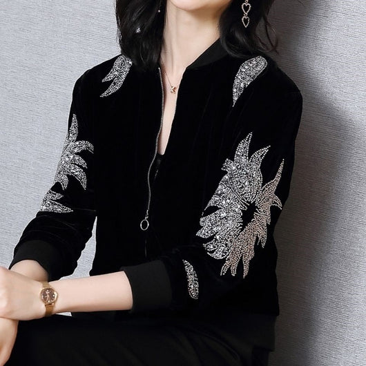 Chaqueta Beisbolera Terciopelo Negro y Dorado Estilo Extranjero - Image 4