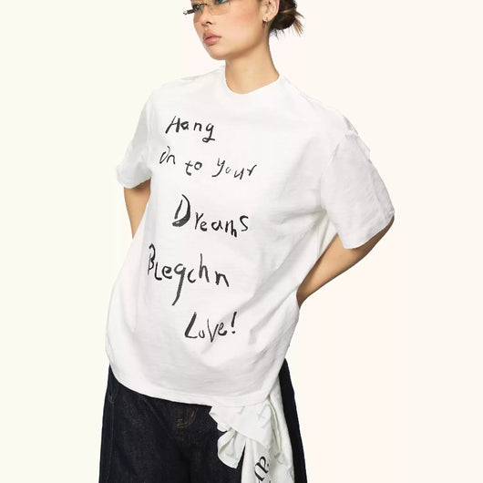 Camiseta Manga Corta Cuello Redondo con Letras Cursivas para Mujer Verano