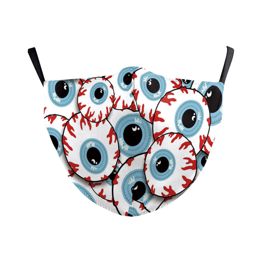 Beige double-layer dust mask with ear hooks, featuring a digital print of a wide, creepy smile with white teeth and red gums. - Image 11