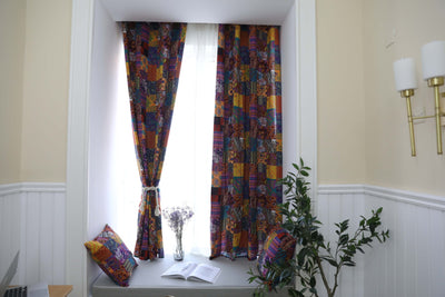 Bohemian retro style cotton linen curtains with a vibrant geometric patchwork pattern, one tied back with a rope. - Image 8
