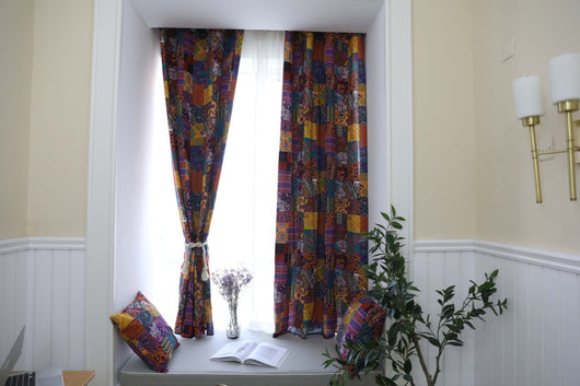Bohemian retro style cotton linen curtains with a vibrant geometric patchwork pattern, one tied back with a rope. - Image 8