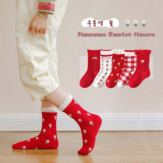 Calcetines Infantiles Otoño Invierno Bosque Cartoon Rojo con Encaje - Image 8