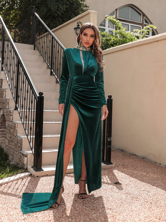 Vestido de Noche Coreano de Terciopelo con Cuello Alto Elegante - Image 3
