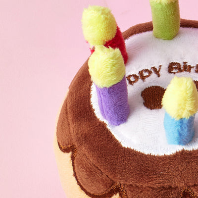 Plush pet birthday cake toy with colorful candles, featuring brown cake layers and white frosting. - Image 6