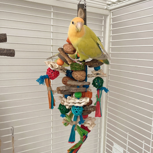 Hanging parrot toy made from natural wood, corn husk, and nuts with colorful strings and beads. A small yellow bird perches on the toy.