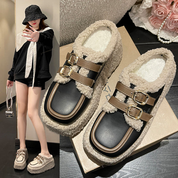 Pantuflas Tipo Cuña con Hebilla de Moda Coreana y Forro Polar