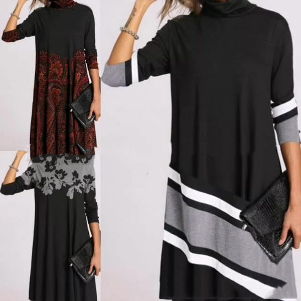 Vestido Suelto de Cuello Tortuga con Estampado y Manga Larga para Mujer