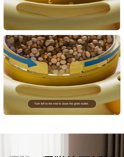 Yellow UFO tumbler cat toy with rolling balls, a clear dome, and a spring-mounted feather wand with a bell. - Image 15