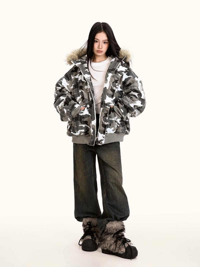 Chaqueta Acolchada de Algodón con Cuello de Pelaje y Diseño Camuflaje Retro - Image 6