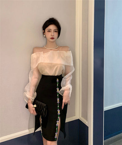 Conjunto Elegante: Blusa Plisada de Manga Larga y Falda de Gasa - Image 9