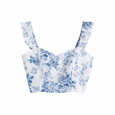 Blusa Corta con Estampado Porcelana Azul y Blanco y Mangas Fruncidas
