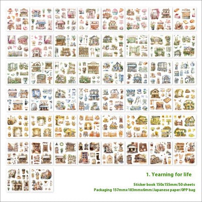 Retro Japanese paper sticker book with 50 sheets of watercolor-style daily life, house, garden, and cafe themed stickers. - Image 3