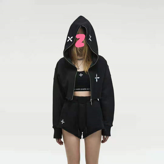 Chaqueta Hoodie Cropped Suelta con Cierre y Manga Larga - Image 8