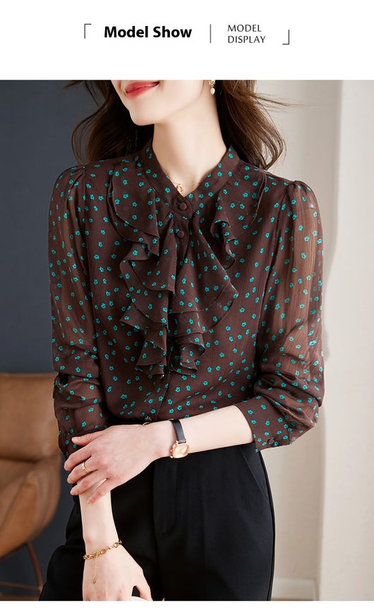 Blusa de Gasa con Cuello de Encaje Floral y Mangas Largas - Image 8