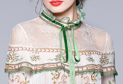 Conjunto de Dos Piezas: Blusa de Gasa con Cuello Mao y Estampado de Moño + Falda - Image 11