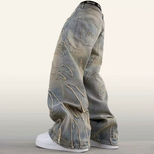 Pantalones Jeans Anchos Rotos Teñidos a Mano para Hombre