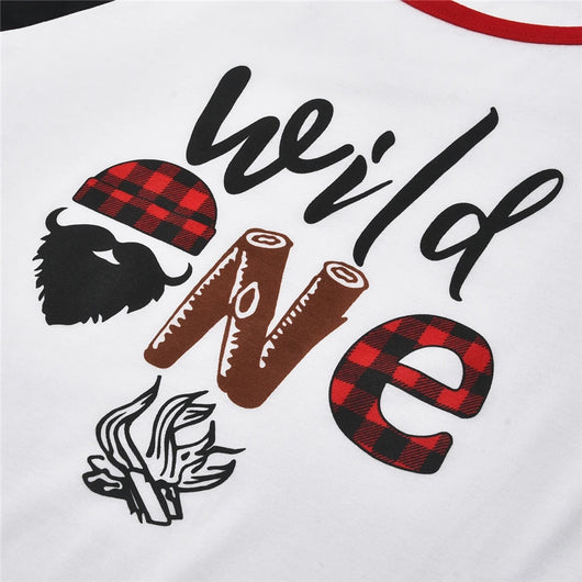 White long-sleeve pajama top with "wild one" graphic and red and black plaid pants. - Image 21